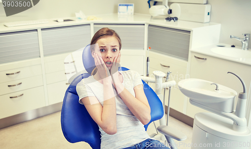 Image of scared and terrified patient girl at dental clinic