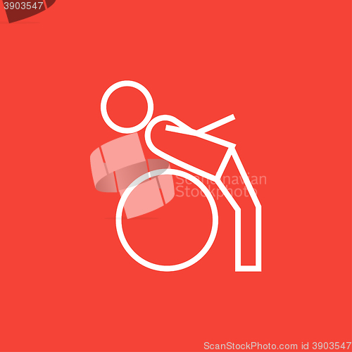 Image of Man doing exercises lying on gym ball line icon.