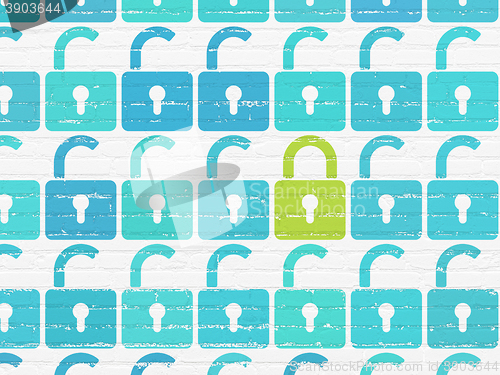 Image of Protection concept: closed padlock icon on wall background