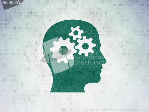 Image of Finance concept: Head With Gears on Digital Data Paper background