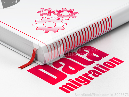 Image of Information concept: book Gears, Data Migration on white background