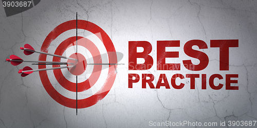 Image of Education concept: target and Best Practice on wall background