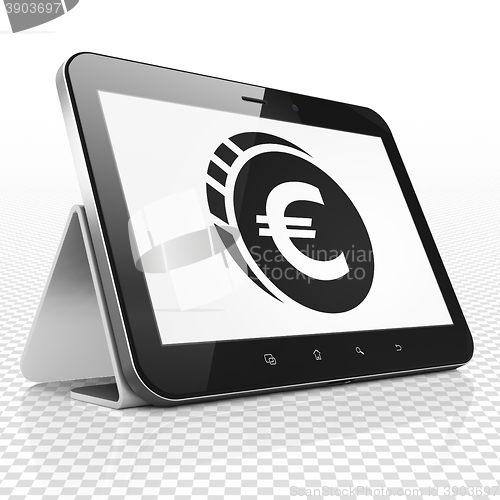 Image of Banking concept: Tablet Computer with Euro Coin on display