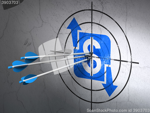 Image of Business concept: arrows in Finance target on wall background
