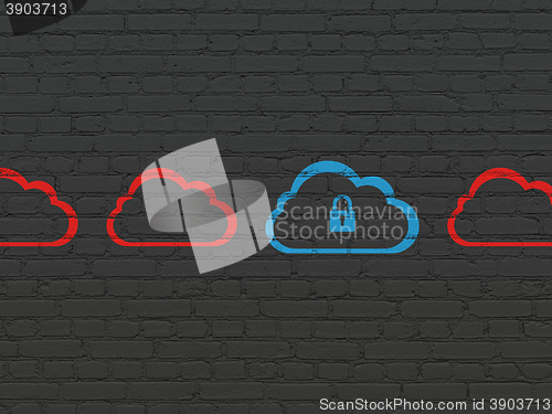 Image of Cloud networking concept: cloud with padlock icon on wall backgr
