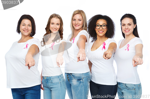 Image of happy women with breast cancer awareness ribbons