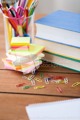 Image of close up of pens, books, clips and stickers