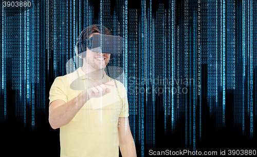 Image of happy man in virtual reality headset or 3d glasses