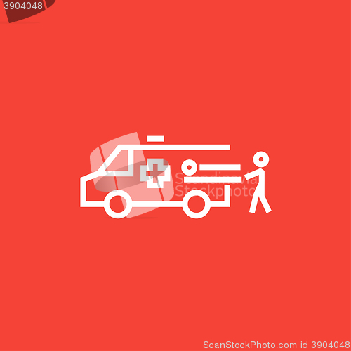 Image of Man with patient and ambulance car line icon.