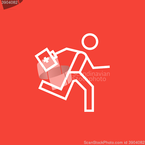 Image of Paramedic running with first aid kit line icon.