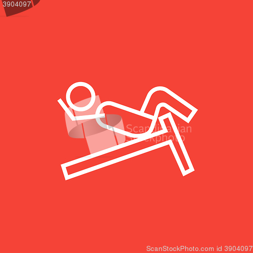 Image of Man doing crunches on incline bench line icon.