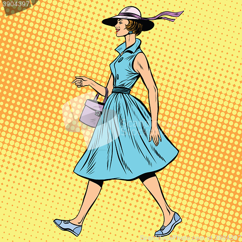 Image of retro lady in summer dress and hat