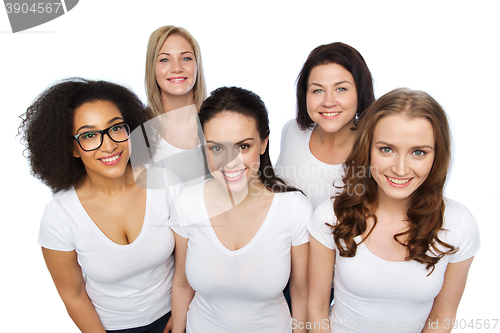 Image of group of happy different women in white t-shirts