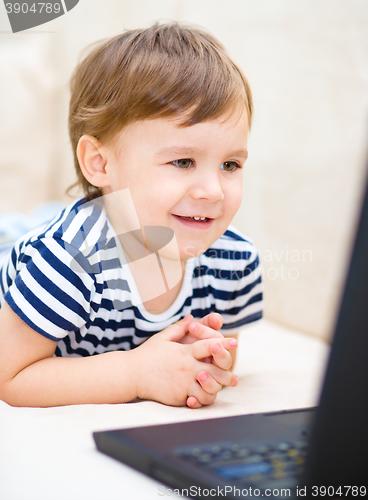 Image of Little boy is playing on laptop