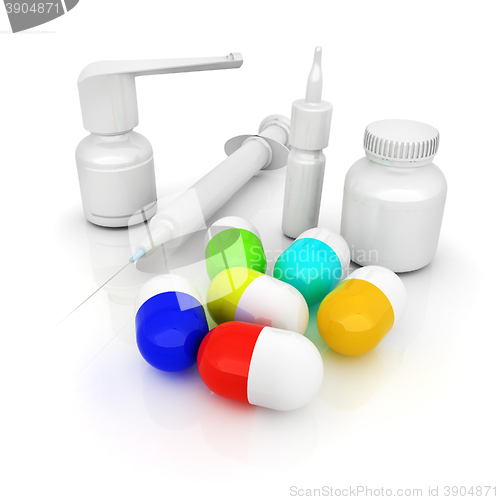 Image of Syringe, tablet, pill jar. 3D illustration