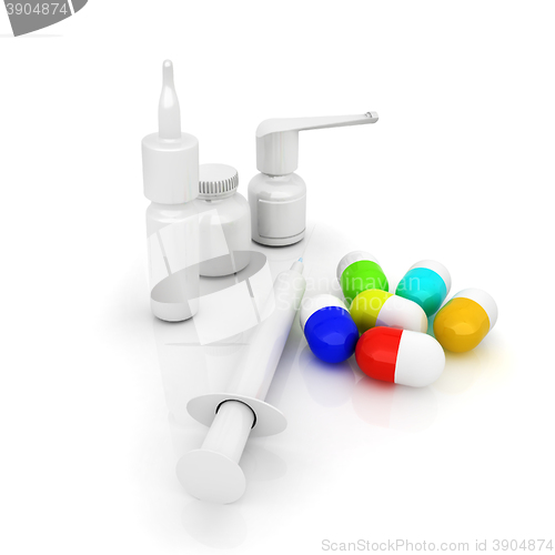 Image of Syringe, tablet, pill jar. 3D illustration