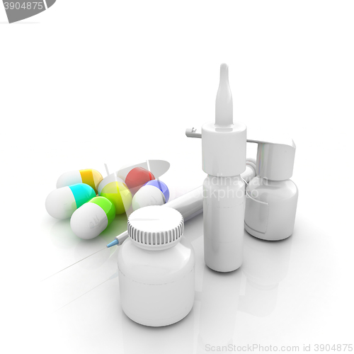 Image of Syringe, tablet, pill jar. 3D illustration