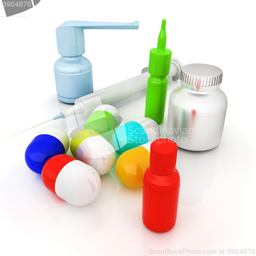 Image of Syringe, tablet, pill jar. 3D illustration