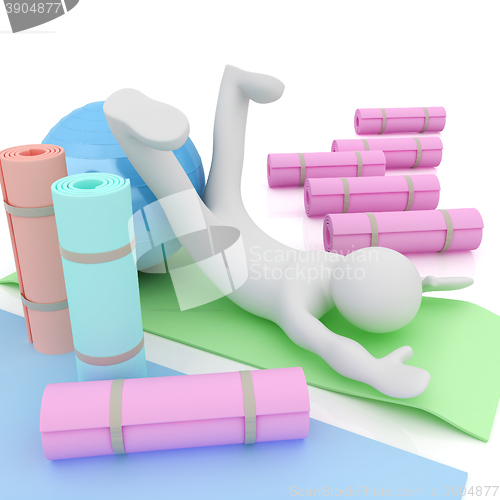 Image of 3d man on a karemat with fitness ball. 3D illustration