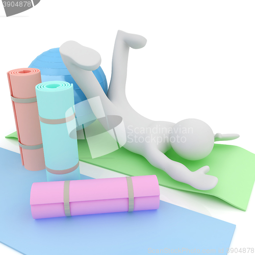 Image of 3d man on a karemat with fitness ball. 3D illustration