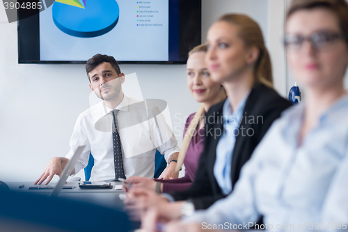 Image of young business people group on team meeting at modern office