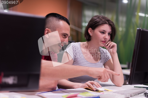 Image of technology students group working  in computer lab school  class