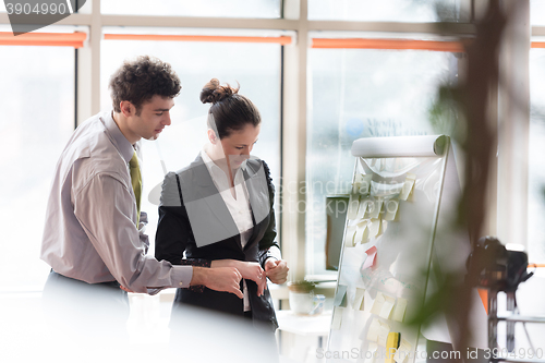 Image of young couple working on flip board at office