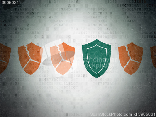 Image of Security concept: shield icon on Digital Data Paper background