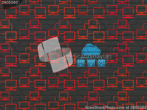 Image of Cloud technology concept: cloud network icon on wall background