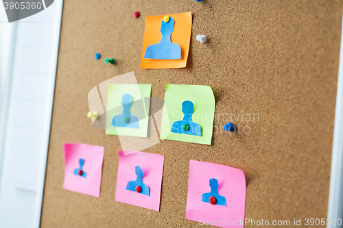 Image of close up of paper human shapes on cork board