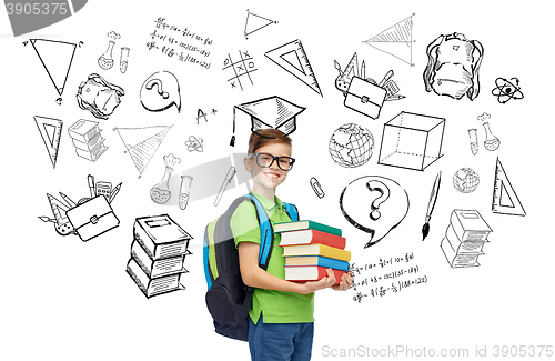 Image of happy student boy with school bag and books