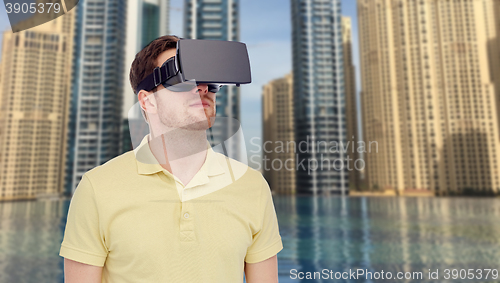 Image of man in virtual reality headset or 3d glasses