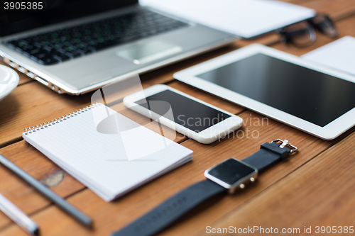 Image of close up of on laptop, tablet pc and smartphone