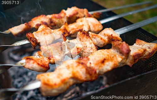 Image of Hot shish kebab on metal skewers