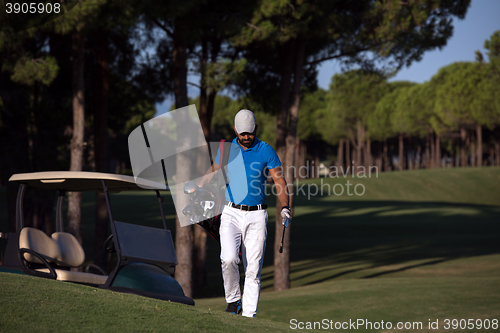 Image of golfer  walking and carrying golf  bag