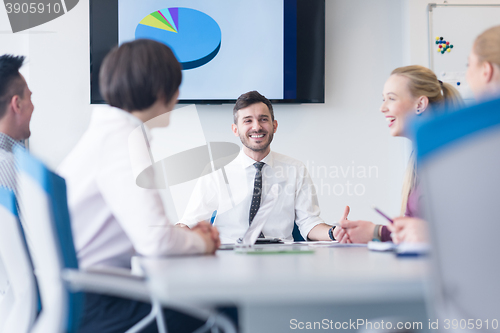 Image of young business people group on team meeting at modern office