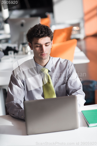 Image of young business man  working on laptop  computer