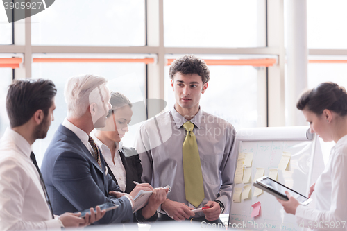 Image of young startup businessman making presentation to senior investio