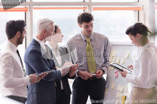 Image of young startup businessman making presentation to senior investio