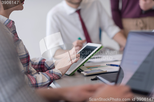 Image of young business people group on meeting at modern office