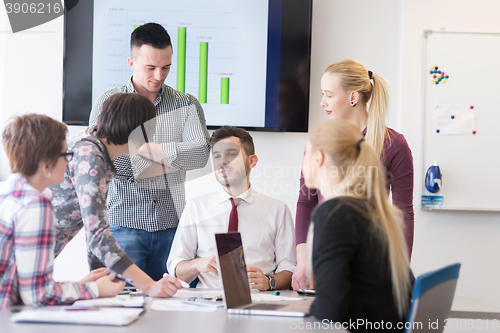 Image of young business people group on meeting at modern office