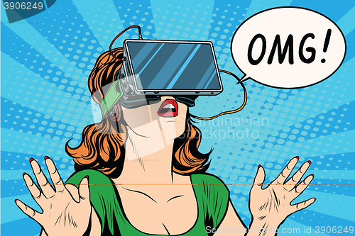 Image of OMG emotions from virtual reality retro girl