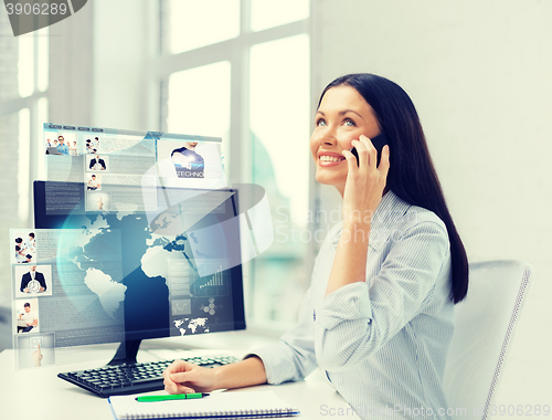 Image of smiling businesswoman or student with smartphone