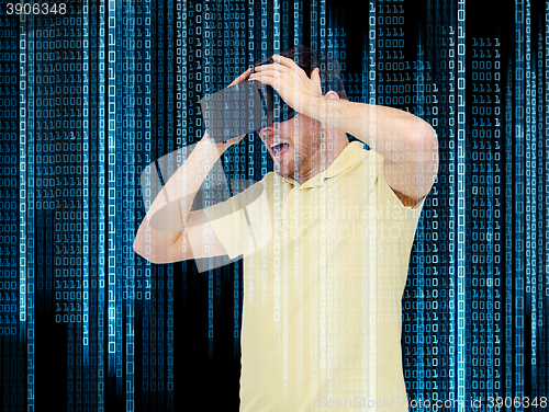 Image of happy man in virtual reality headset or 3d glasses