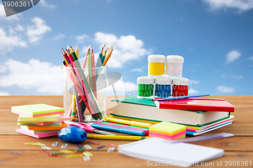 Image of close up of stationery or school supplies on table