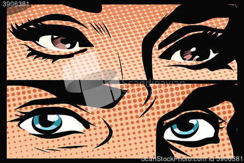 Image of Male and female eyes close-up pop art retro