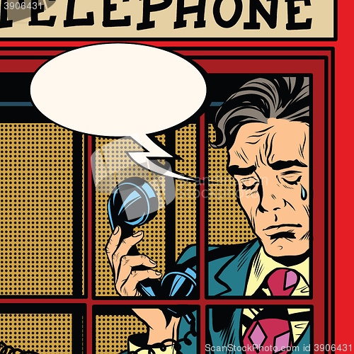 Image of Retro man crying in the red phone booth