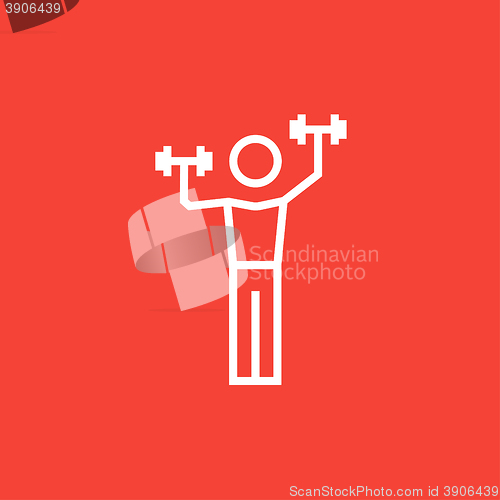 Image of Man exercising with dumbbells line icon.