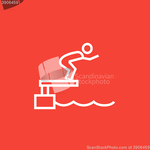 Image of Swimmer jumping from starting block in pool line icon.