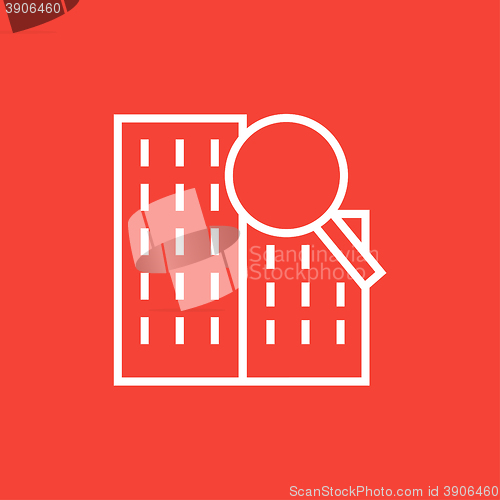 Image of Condominium and magnifying glass line icon.